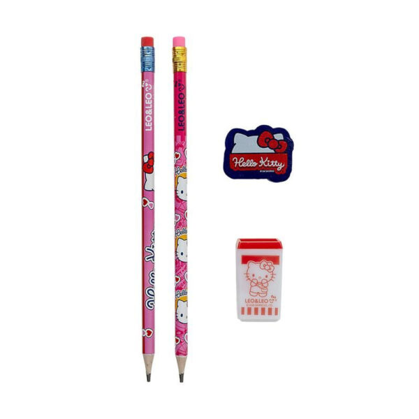 Kit Lápis HB Leoleo Hello Kitty com 2 Lápis, Apontador e Borracha