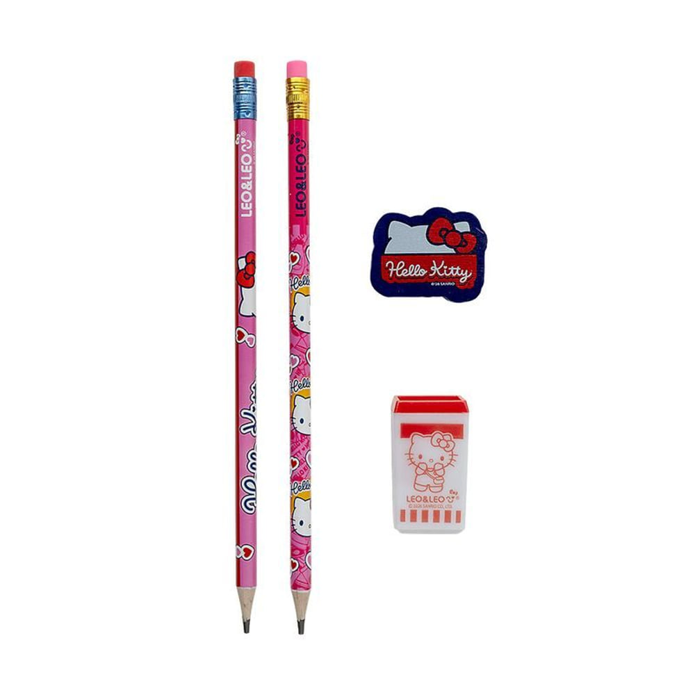 Kit Lápis HB Leoleo Hello Kitty com 2 Lápis, Apontador e Borracha