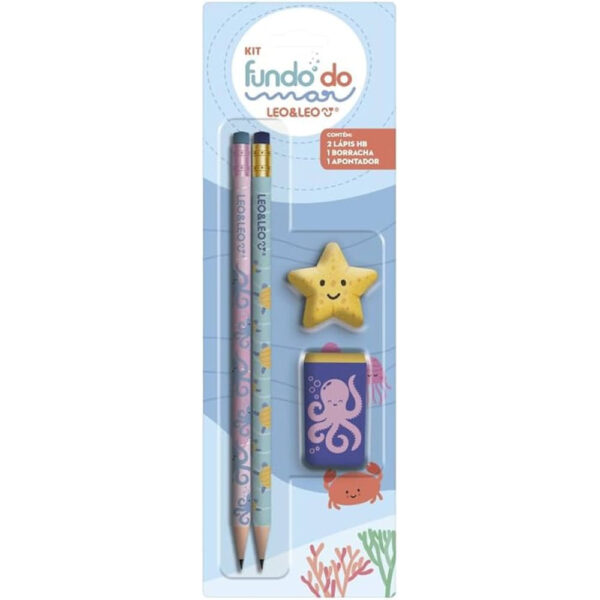 Kit Lápis HB Leoleo Fundo do Mar com Apontador e Borracha
