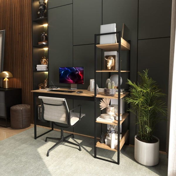 Rack Escrivaninha 90x45 cm Industrial Off Amadeirado e Preto