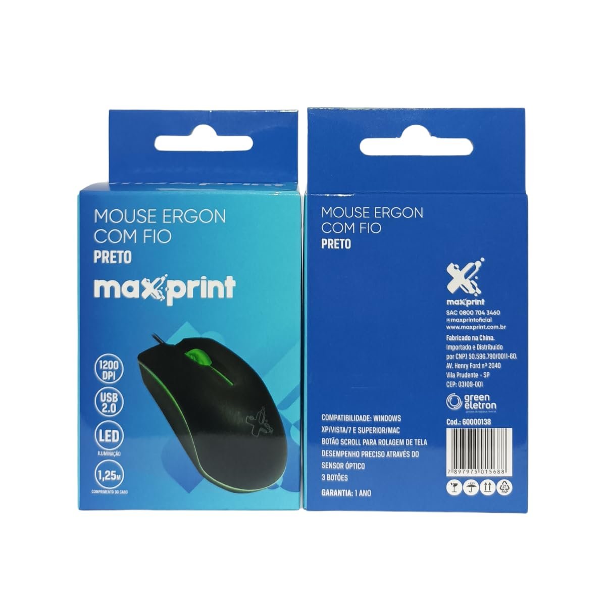 Mouse Ergonômico com Fio USB 2 0 1200DPI Preto