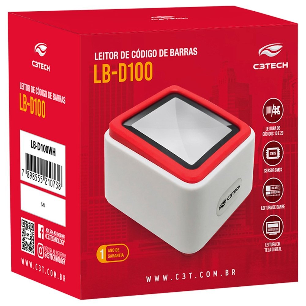 Leitor de Código de Barras 1D/2D USB LB D100WH C3Tech